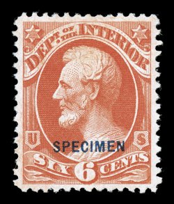 O18SD, 6c Interior special printing, overprinted SPECIMEN, without gum as issued, a choice example that is both incredibly fresh and well centered, radiant color, very fine of
the mere 83 issued few are are found in such exceptional quality