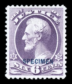 O28SD, 6c Justice special printing, overprinted SPECIMEN, without gum as issued, wonderfully fresh, well centered, very fine and especially rare thus only 163
issued.