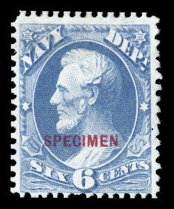 O38SD, 6c Navy special printing, overprinted SPECIMEN, without gum as issued, fresh color, single nibbed perf. at bottom, fine only 116 issued.