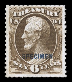 O75SD, 6c Treasury special printing, overprinted SPECIMEN, without gum as issued, deep luxuriant color, nicely centered, typical scissor separated perforations, fine only 85
issued.