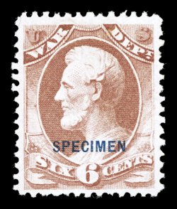 O86SD, 6c War special printing, overprinted SPECIMEN, without gum as issued, a select example, possessing excellent centering within large margins, bright and fresh, very fine
of the 111 issued, few are found as choice as the example offere
