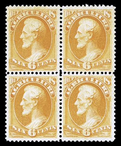 O4, 6c Agriculture, an incredibly choice and handsome mint block of four, intense vivid color and impression on crisp paper, wonderfully well centered, pristine o.g., two
stamps l.h., top left and bottom right stamps n.h., very fine-extremely fi