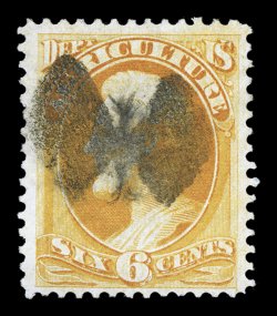 O4, 6c Agriculture, used, postmarked with an incredible perfect central strike of a fancy bat cancellation, unlike any other we have seen, deep rich color, very fine and
rare.