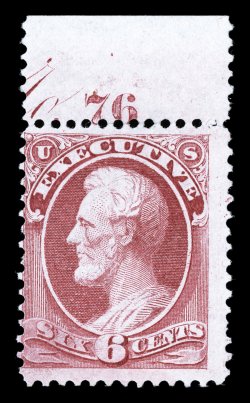 O13 var., 6c Executive, double transfer in 6 variety, position 6, an unused top sheet-margin plate No. 76 single, being the only recorded plate number item of the 6c Executive
in existence, bright color, centered to left but still fine
