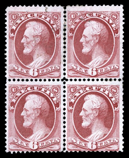 O13, 6c Executive, an enormously rare mint block of four, deep rich color, centered just a bit top bottom, heavy perf. separations that have been carefully rejoined, large part
o.g., small faults including a sealed tear at top left, nonetheless