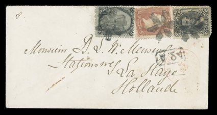 77, 15c Black, along with 2c Black (73) and 3c Rose (65), all tied to small 1868 cover to Gravenhage, Holland by circle of wedges NYFM cancels, light strike of red New York
exchange c.d.s., two strikes of unusual boxed A.24 handstamps (o