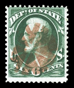 O60 var., 6c State, foreign entry of 6c Executive, position 41, used, stunning central strike of red circle of Vs postmark, deep luxuriant color, fine a terribly scarce variety
as only five or so are recorded and this being the only on