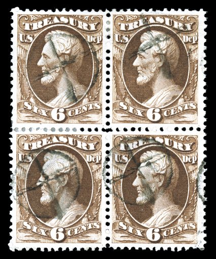 O75, 6c Treasury, very scarce used block of four, each stamp with unusual cross in circle cancellation, well centered, deep rich color, few perf. separations sensibly
reinforced, very fine used official multiples in this choice quality are almo