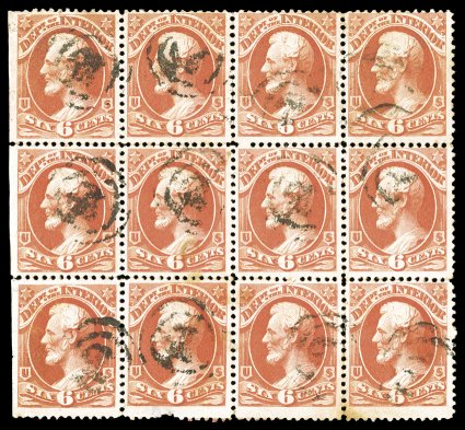 O99, 6c Interior on soft porous paper, an impressive used block of twelve, being the largest recorded used multiple of the 6c Interior on soft paper, target cancels, deep
color, s.e. at left, faults, fine appearance.