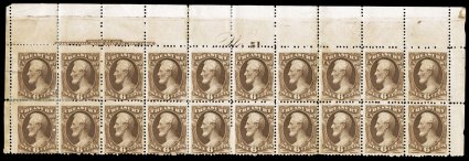 O110, 6c Treasury on soft porous paper, a showpiece top sheet-margin imprint and plate No. 51 block of twenty, being the first two rows of the sheet, deep rich color and
impression, o.g., a number of stamps are n.h., some hinge reinforcing of