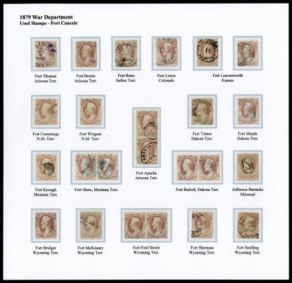 O116, 6c War on soft porous paper, a marvelous complete exhibition page containing a most impressive selection of various Fort cancellations on 17 single stamps and three
pairs, virtually every one is from a different fort and all have bee