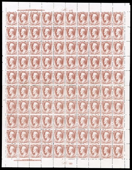 O117, 6c War on soft porous paper, very scarce complete sheet of 100, with all sheet selvages including showing full imprint and plate No. 60 at both top and bottom, bright
fresh color, without gum, numerous small h.r.s sensibly reinforcing s
