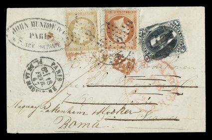 77, 15c Black, fine single tied to petite 1867 cover to Paris, France, then forwarded to Rome, Italy, stamp with segmented cork cancel and tied by red New YorkPaid12Feb 6
exchange datestamp, upon arrival in France cover was forwarded to