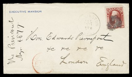 O13, 6c Executive, single with rich color, tied to Executive Mansion imprinted cover by circular cork cancel, with Washington, D.C.Jul 30 (1877) c.d.s. alongside, addressed to
Attorney General Edward Pierrepont in London, England, partia