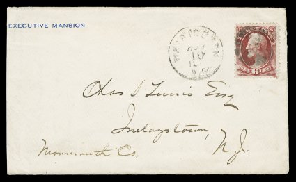 O13, 6c Executive, handsome single with deep rich color and fairly well centered, used on to neat 1877 Executive Mansion imprinted cover to Imlaystown, NJ, cancelled by
segmented circular cork postmark, with Washington, D.C.Aug 10 c.d.s. alon