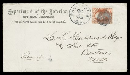 O18, O99, 6c Interior, selection of twelve covers and one printed matter label all bearing 6c Interior frankings (two bearing 1879 soft paper issues), ten are single frankings,
while one has two (double rate) and another is used in combination w