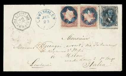 77, 15c Black, along with 3c Rose (65), a single (strongly centered to top right) of the former and a horizontal pair of the latter, used on neat 1867 cover to Milan, Italy by
gorgeous central strike of blue fancy hollowed out negative st