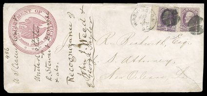 O28, O27, 6c and 3c Justice, singles of each, tied together to legal sized cover with handsome crimson seal corner card of the Department of Justice by two circular cork
postmarks, with Washington, March 8 c.d.s, addressed to the U.S. Attorney
