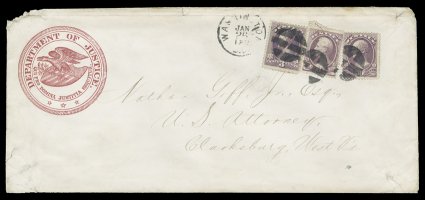 O28, O27 and O33, 6c Justice, along with 3c and 30c Justice, all tied together to a single legal sized cover with handsome crimson seal corner card of the Department of Justice
by three circular segmented cork postmarks, with Washington, Jan 26