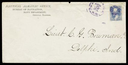 O38, 6c Navy, nearly fine single used on legal size cover with scarce Nautical Almanac OfficeBureau of NavigationNavy Department imprint, cancelled by violet segmented cork,
with matching Washington, D.C.Aug 30, 1878 c.d.s. to left, addre