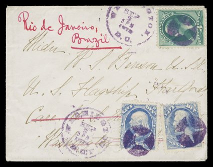 O38, O35, 6c Navy, along with 1c Navy, tied together to a cover to Rio de Janeiro, Brazil by violet quartered cork cancels, with matching Washington, D.C.Sep 3 1878 c.d.s.,
cover originally franked with a 3c Green Bank Note (158) which w