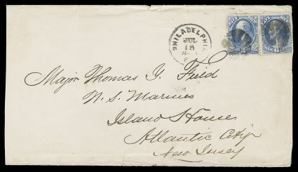 O38, O37, 6c Navy, along with 3c Navy, tied together to legal size cover by circular segmented cork cancels, with Philadelphia, Pa.Jul 18 c.d.s. to left, addressed to the U.S.
Marine Corps Office Island House in Atlantic City, NJ, cover bit