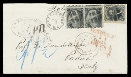 77, 15c Black, along with 2c Black (73), a single of the former with natural s.e. at left, and a horizontal pair of the latter (s.e. at right), used on a most attractive 1868
cover from the U.S. Naval Observatory to Padua, Italy, stamps can