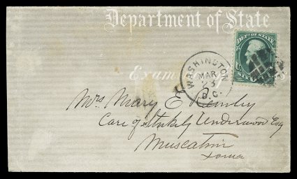O60, 6c State, fine centering, tied to handsome grey all-over design Department of State Examiner of Claims cover by circular segmented cork cancel, along with Washington,
D.C.Mar 23 c.d.s., addressed to Muscatine, IA, very slight reductio