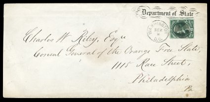 O60, 6c State, well centered single (some missing perfs. at left), tied to a most attractive legal size cover with fancy Department of State imprint at top right by Washington,
D.C.Sep 2 c.d.s. and with central strike of circular segmented