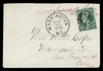 O60, 6c State, well centered single with deep rich color, used on small cover from Callao, Peru to San Francisco, canceled by cork postmark and with matching clear Washington,
D.C.Mar 28 (1876) c.d.s. alongside, red straight line Departm