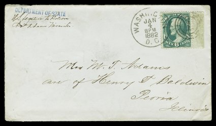 O60, 6c State, well centered right sheet-margin single, tied to attractive small light blue cover from Bolivia by clear Washington, D.C.Jan 4, 1882 c.d.s. and 1 in target
duplex, manuscript U.S. Legation to Bolivia just below blue De