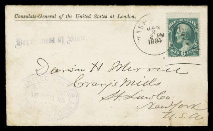 O60, 6c State, fine single, neatly tied by Washington, D.C.Jan 3, 1884 duplex datestamp and oval grid to Consulate-General of the United States at London small imprinted cover
to Crary Mills, N.Y., purple Department of State straight line