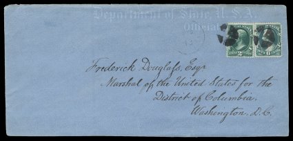 O60, O58, 6c State, along with 2c State, singles of each tied to an exceptionally handsome legal size Department of State imprinted blue colored cover by circular segmented
cork postmarks, with faint Washington, D.C. c.d.s. to left, addressed