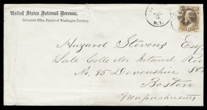 O75, 6c Treasury, nicely centered single, tied to legal size cover with United States Internal Revenue imprint by circle of Vs postmark, with matching Olympia, W.T (Washington
Territory)Jul 3 c.d.s. to left, addressed to Boston, Mass., 1