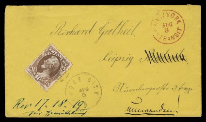 O75, 6c Treasury, fine single, tied to attractive small canary colored 1875 cover to Leipzig, Germany by light target cancel, Grove City, O.Aug 5 c.d.s. alongside, clear red
New YorkAug 8Transit c.d.s. at top right, couple of German b