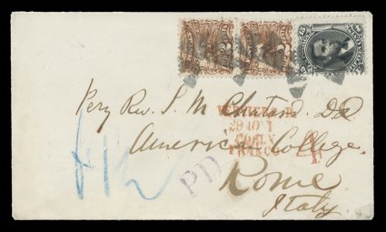 77, 15c Black, tied along with two well centered singles of 2c Brown 1869 Pictorial (113) to a neat small cover to Rome, Italy by segmented cork postmarks, red New York Paid
AllOct 8Br. Transit (1869) c.d.s. on reverse, red Verviers-Col