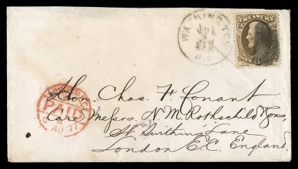 O75, 6c Treasury, well centered single, used on small cover to London, England from the Conant correspondence, cork cancel on the stamp and with Washington, D.C.Jul 23 (1877)
c.d.s. alongside, bold clear London Paid receiver c.d.s. at bot