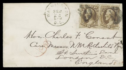 O75, 6c Treasury, horizontal pair (small flaws), tied to small cover to London, England by segmented cork postmarks, Washington, D.C.Sep 22 (1877) c.d.s. to left, faint red
London Paid receiver, Treasury Department imprint on back flap