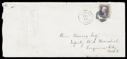 O107, 6c Justice on soft wove paper, single with lower left corner missing, tied to legal size cover by Helena, Mont.May 12 territorial duplex with cork cancel, addressed to
the Deputy U.S. Marshall in Virginia City, Montana Territory, with m