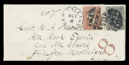 77, 15c Black, along with 3c Rose (65), just fine singles of each tied together to rare petite 1868 cover to French Martinique by circular segmented cork cancels, originating
New Orleans, La.Oct 6 c.d.s. also ties 3c stamp at left, sent