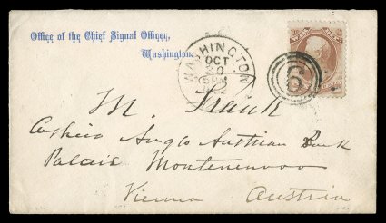 O117, 6c War on soft porous paper, attractive single tied to choice small cover with Office of the Chief Signal OfficerWashington imprint by 6 in three rings cancel, in a
duplex with Washington, D.C.Oct 201882 c.d.s. at left, sent to th