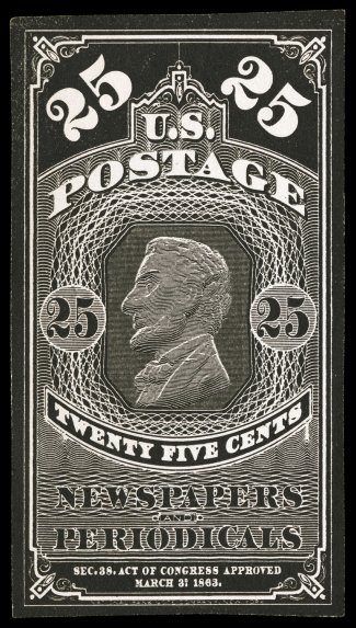 PR3TC5PR7P3, 25c Lincoln Newspapers of 1865 and 1875, trial color and plate proof group, includes a trial color plate proof in black of the 1865 issue, along with two plate
proofs of the same issue, and three plate proofs of the 1875 issue, a