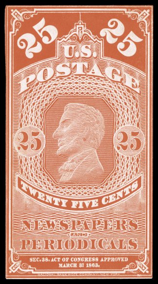 PR5P2a-PR7P2a, 5c-25c 1865 Newspapers, Panama-Pacific small die proofs on wove, an incredibly rare complete set, each with deep color and impression on typically slightly toned
paper, exceptionally fresh, very fine no more than three to fiv