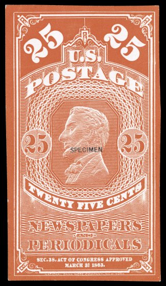 PR2P4SD-PR4P4SD, 5c-25c 1865 Newspapers, plate proofs on card, each with Ty. D SPECIMEN overprint, a very rare and possibly unique set of all three values, unlisted in Scott as
such, well margined, small central mount adhesion on each, 5c with