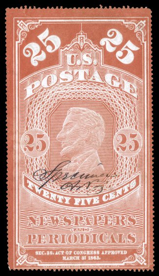 PR3S var., 25c Orange red, manuscript Specimen overprint and A.N.Z., a most unusual specimen that is the only one recorded, the A.N.Z. initials being those of the Third
Postmaster General Alexander N. Zevely, without gum as issued, sma