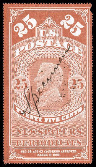 PR3S var., 25c Orange red, manuscript Specimen overprint, written diagonally across stamp, without gum as issued, small faults including a nick in the top right margin, very
fine appearance unlisted in Scott and quite likely unique.