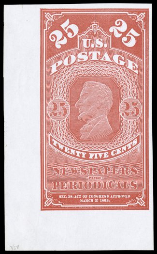 PR5 var.-PR7 var., 5c-25c 1875 Continental special printings of the 1865 Newspapers, imperforate, a marvelous matched set of bottom left corner sheet-margin singles, each
wonderfully well margined all around, in addition to being bright and fres