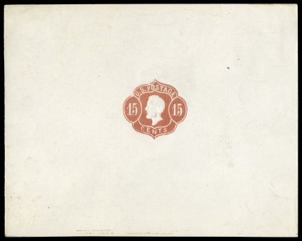Undersander E25Aa, 1866 George F. Nesbitt & Co. 15c Lincoln essay, dark red on white vertically laid paper measuring 124x99mm, trivial soiling, very fine quite scarce,
particularly in such a large uncut format, as most existing examples are cut
