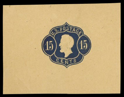 Undersander E25Aa-d, 1866 George F. Nesbitt & Co. 15c Lincoln essays, four different, dark red on white vertically laid paper measuring 65x53mm, dark blue on white vertically
laid paper (65x50mm), dark blue on white horizontally laid paper (31x3