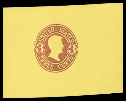 Undersander E25Ba, d, 1866 George F. Nesbitt & Co. 3c Lincoln essays, two different, one in pink on white wove paper cut square measuring 69x56mm, other in pink on canary
colored vertically laid paper measuring 69x52mm, very fine and seldom seen